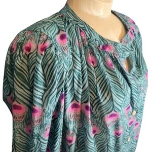 Women's Medium Peacock Organic Cotton  Lightweight V-Neck Button Tunic Old Money